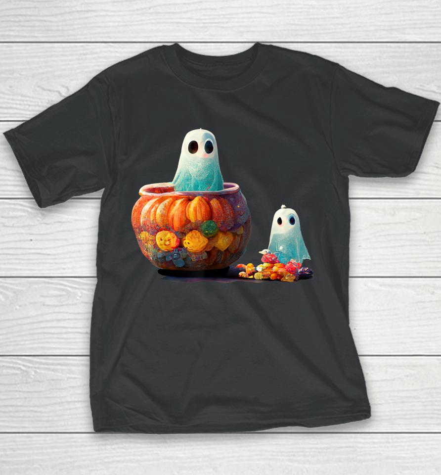 Cute Spooky Little Ghost In A Pumpkin With Halloween Candy Youth T-Shirt