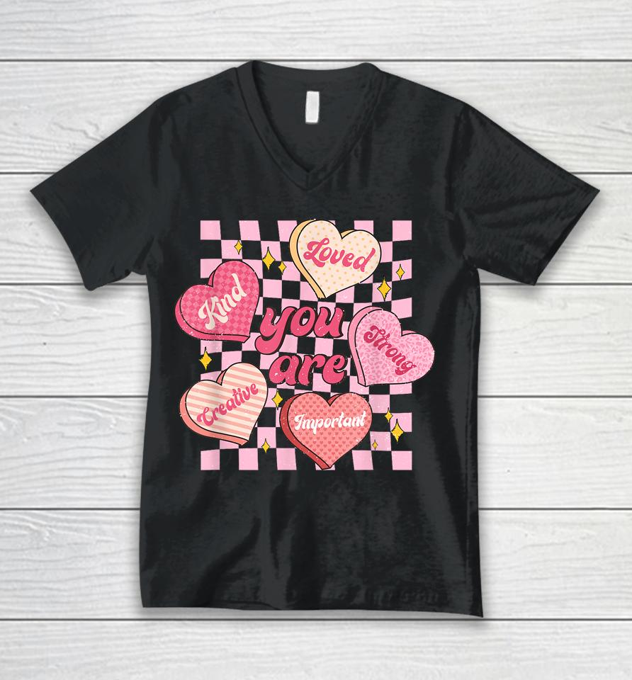 Cute Teacher Valentine Day Women Retro Heart Candy Self Love Unisex V-Neck T-Shirt
