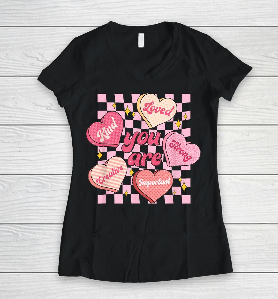 Cute Teacher Valentine Day Women Retro Heart Candy Self Love Women V-Neck T-Shirt