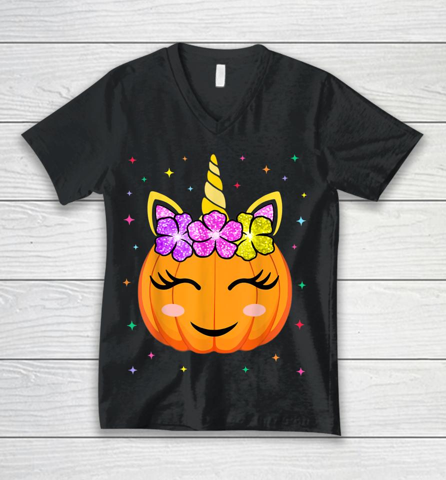 Cute Unicorn Pumpkin Halloween Unisex V-Neck T-Shirt