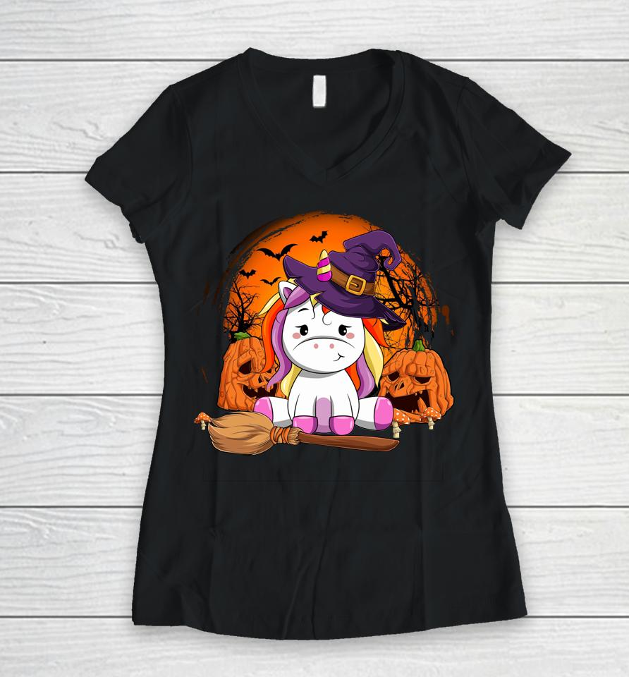 Cute Unicorn Pumpkin Halloween Thanksgiving Halloween Gifts Women V-Neck T-Shirt