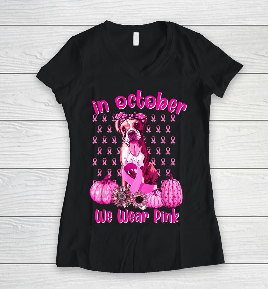 Cute We Wear Pink Boxer Breast Cancer Pumpkin Tee Halloween Women V-Neck T-Shirt