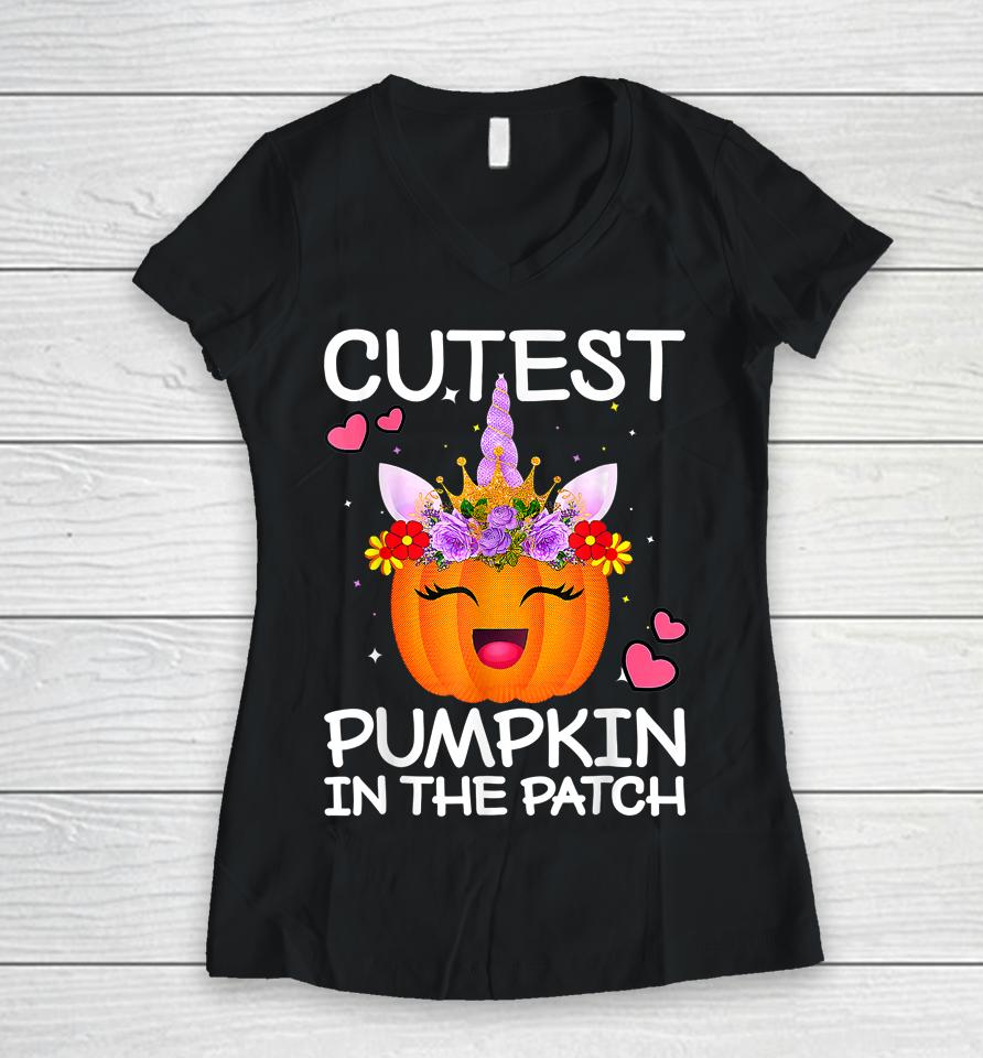 Cutest Pumpkin In The Patch Halloween Unicorn Women V-Neck T-Shirt