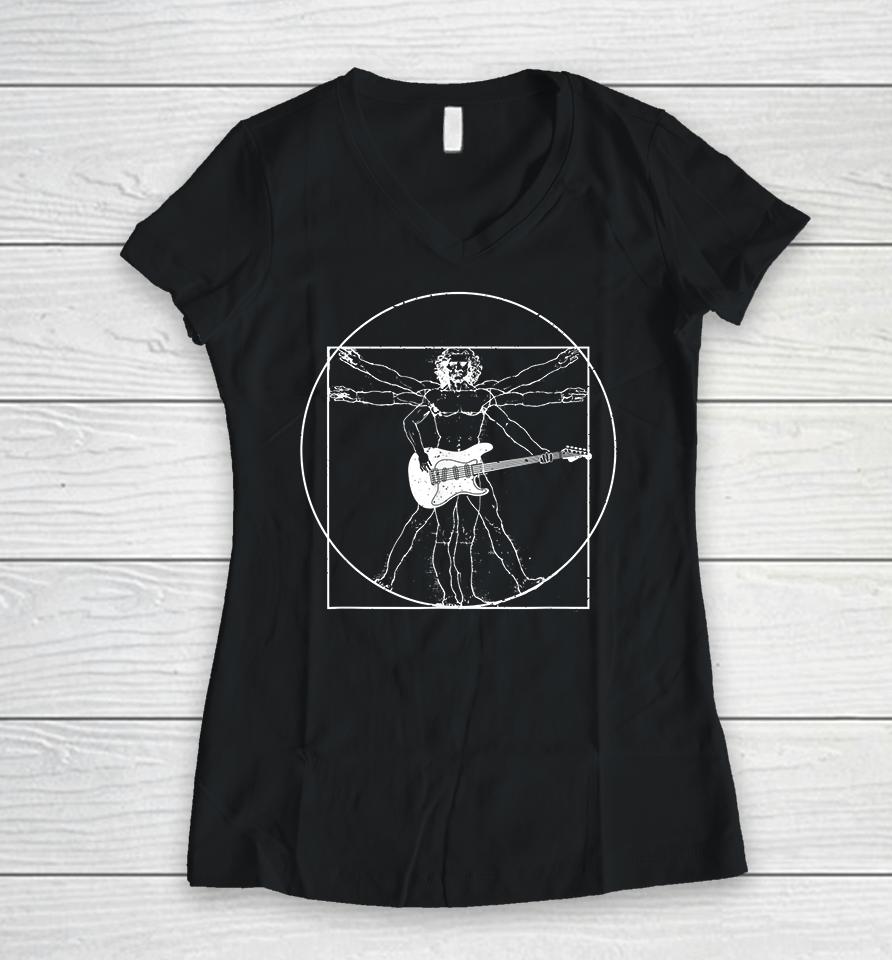 Da Vinci Drawing Electric Guitar Women V-Neck T-Shirt