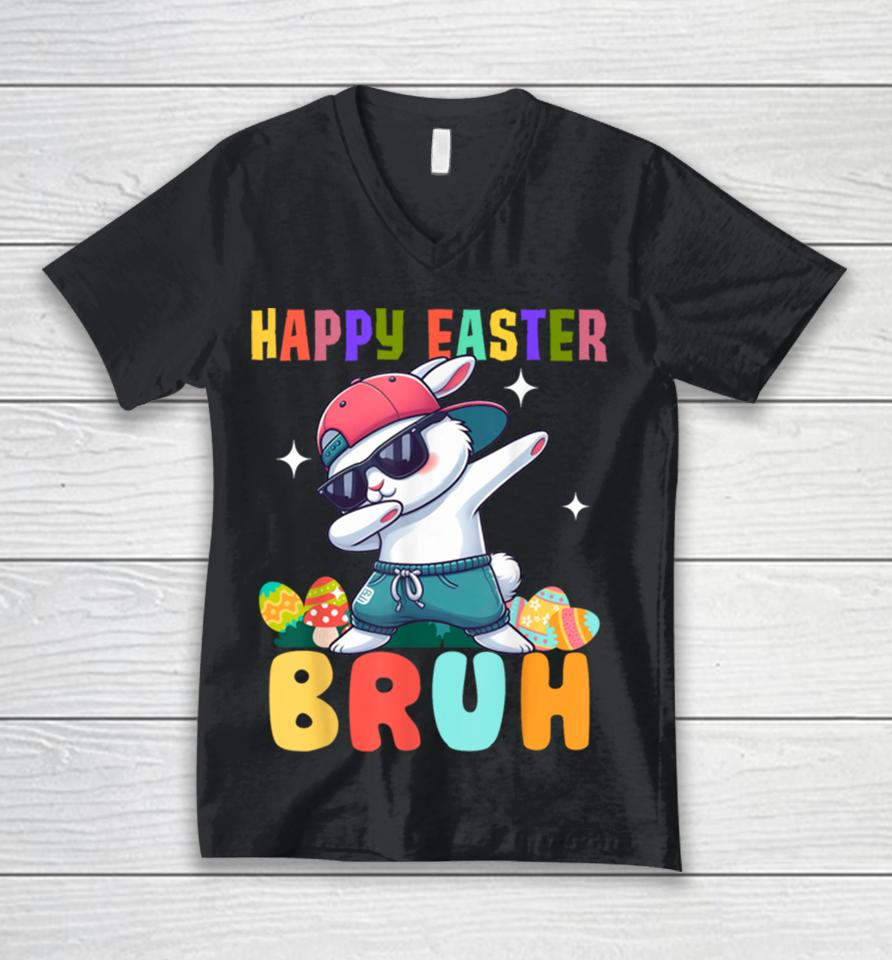 Dabbing Bunny Easter Bruh, Funny Boy Girl Kid Unisex V-Neck T-Shirt