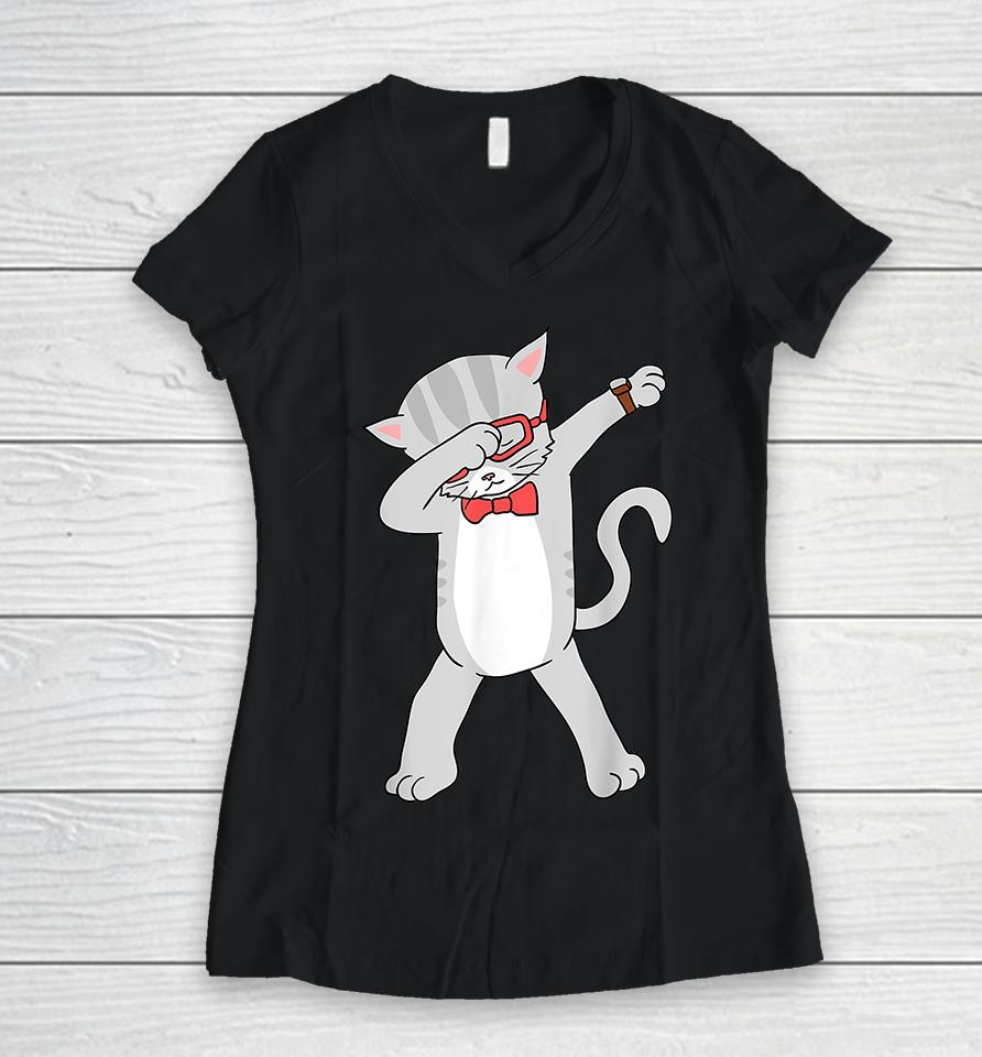 Dabbing Cat Women V-Neck T-Shirt