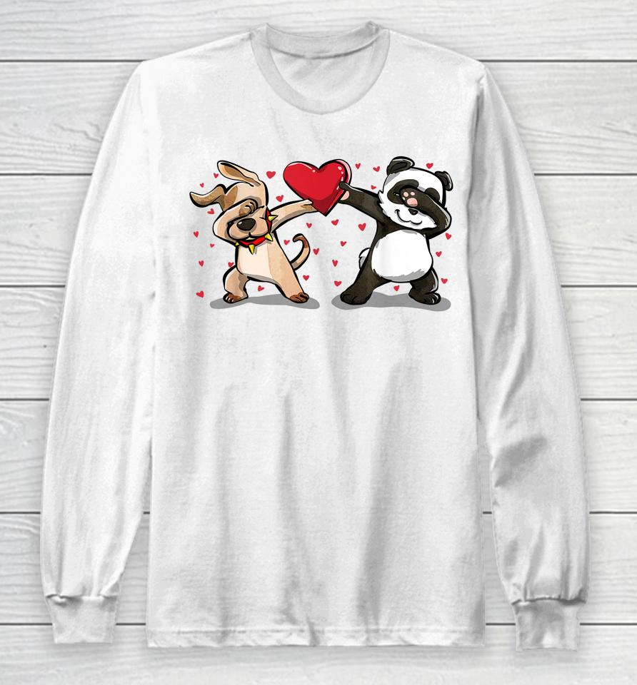 Dabbing Dog Panda Heart Funny Valentines Day Long Sleeve T-Shirt