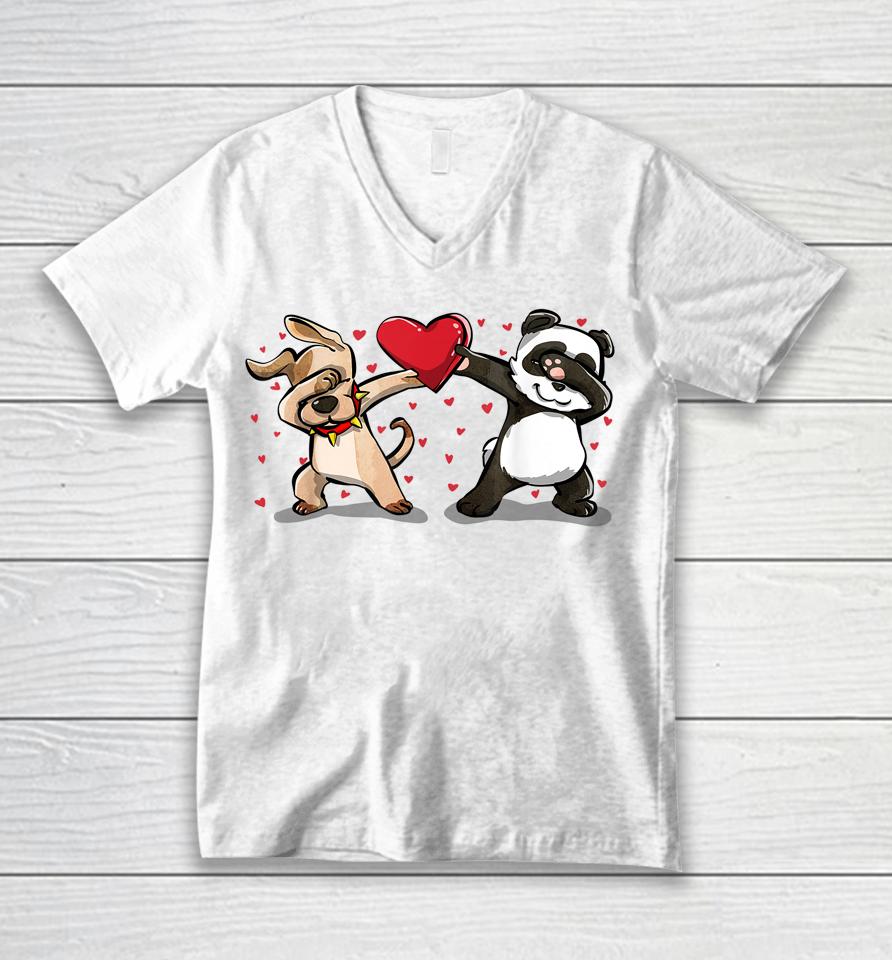 Dabbing Dog Panda Heart Funny Valentines Day Unisex V-Neck T-Shirt