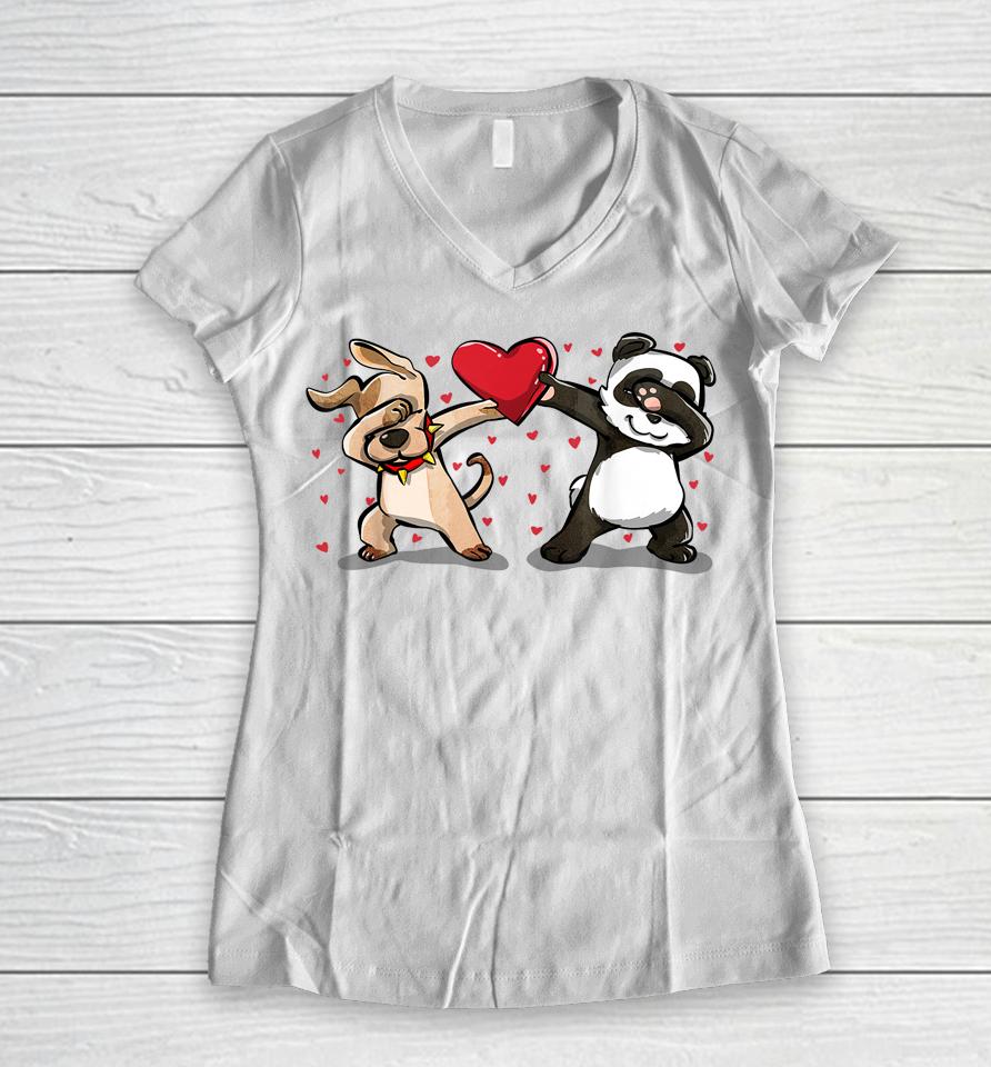 Dabbing Dog Panda Heart Funny Valentines Day Women V-Neck T-Shirt