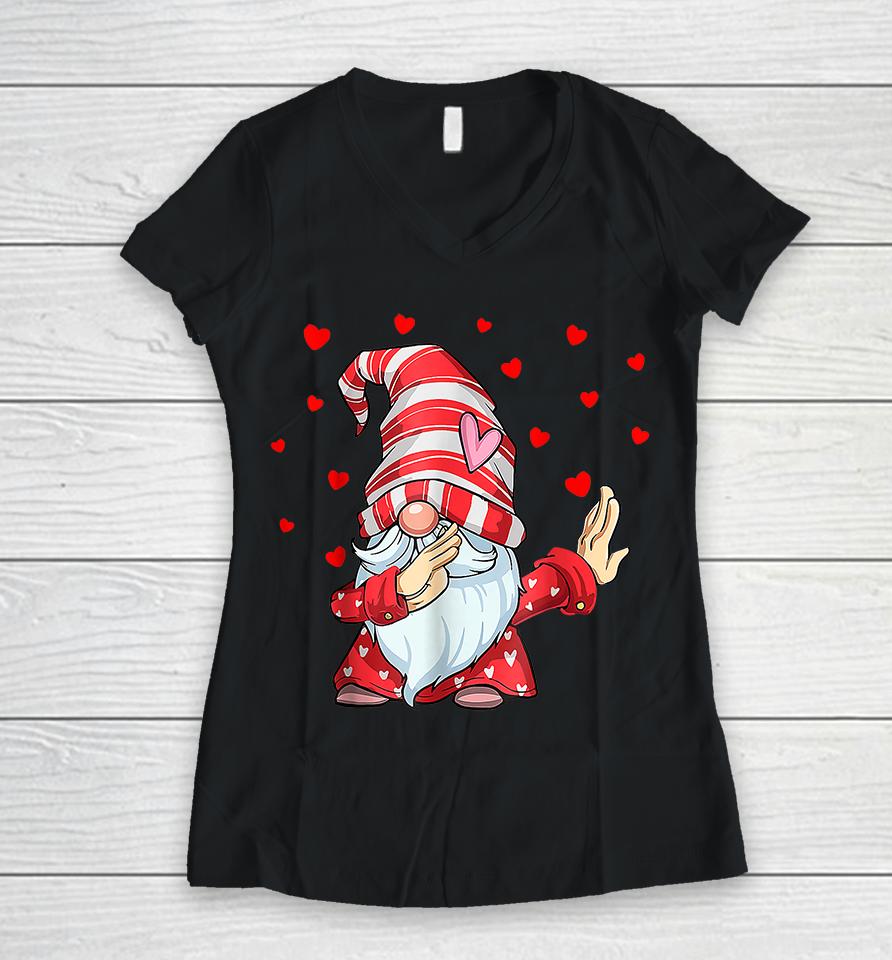 Dabbing Gnome Heart Happy Valentines Day Women V-Neck T-Shirt