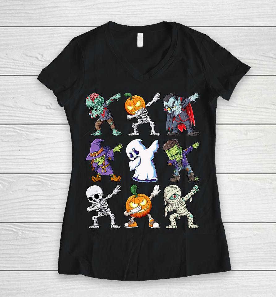 Dabbing Halloween Boys Skeleton Zombie Scary Pumpkin Mummy Women V-Neck T-Shirt