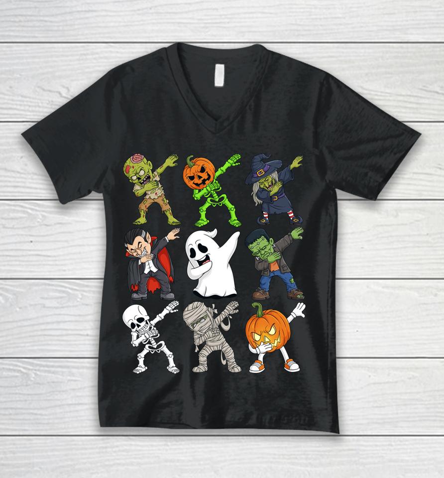 Dabbing Halloween Skeleton Zombie Scary Pumpkin Vampire Boys Unisex V-Neck T-Shirt