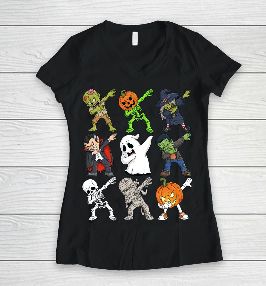Dabbing Halloween Skeleton Zombie Scary Pumpkin Vampire Boys Women V-Neck T-Shirt