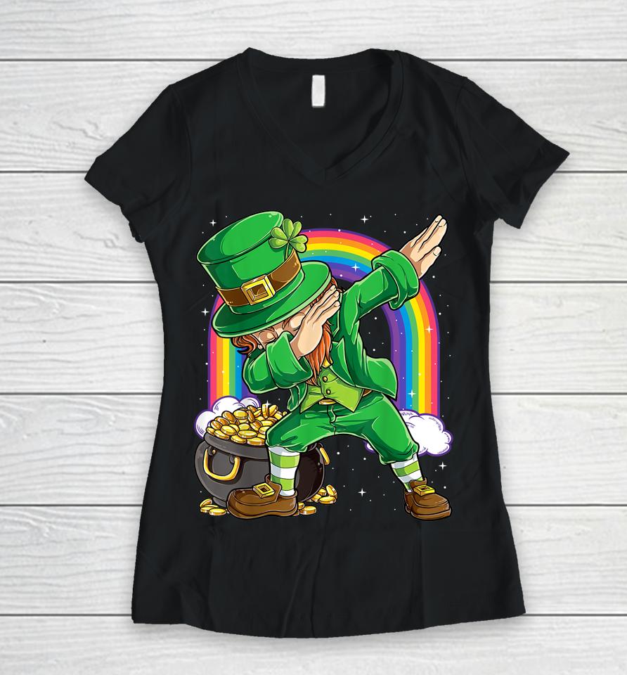 Dabbing Leprechaun Rainbow St Patrick's Day Women V-Neck T-Shirt
