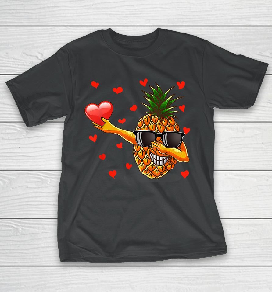 Dabbing Pineapple Glasses Heart Love Valentines Day T-Shirt