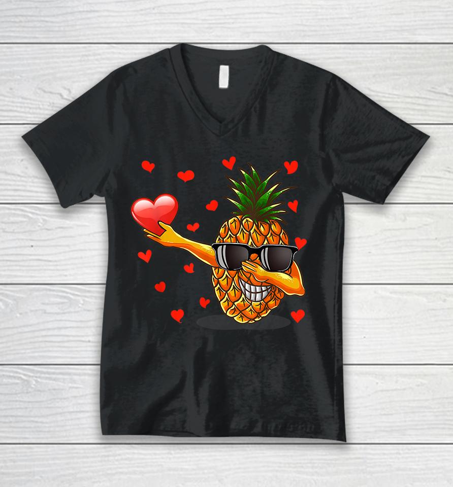 Dabbing Pineapple Glasses Heart Love Valentines Day Unisex V-Neck T-Shirt