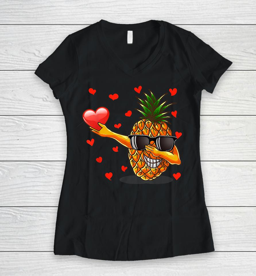 Dabbing Pineapple Glasses Heart Love Valentines Day Women V-Neck T-Shirt