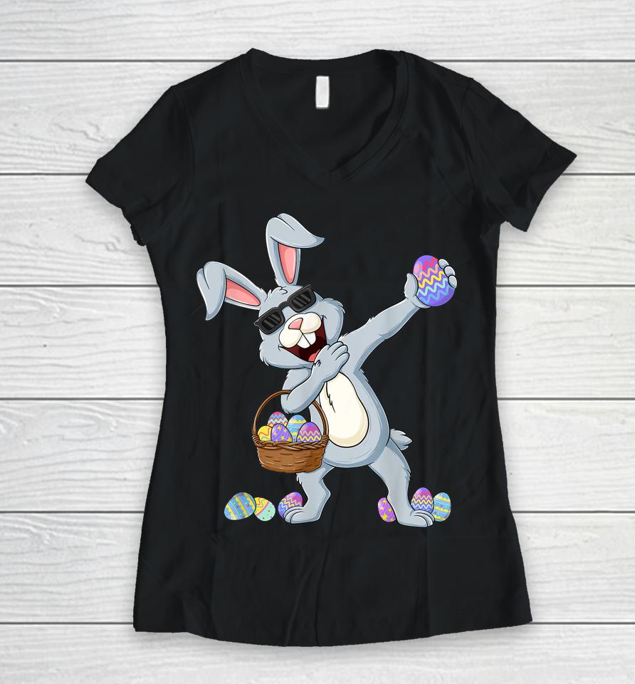 Dabbing Rabbit Bunny Eggs Kids Easter Day Women V-Neck T-Shirt