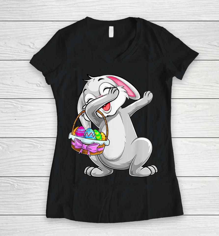 Dabbing Rabit Easter Day Cute Bunny With Eggs Easter Dab Boy Women V-Neck T-Shirt