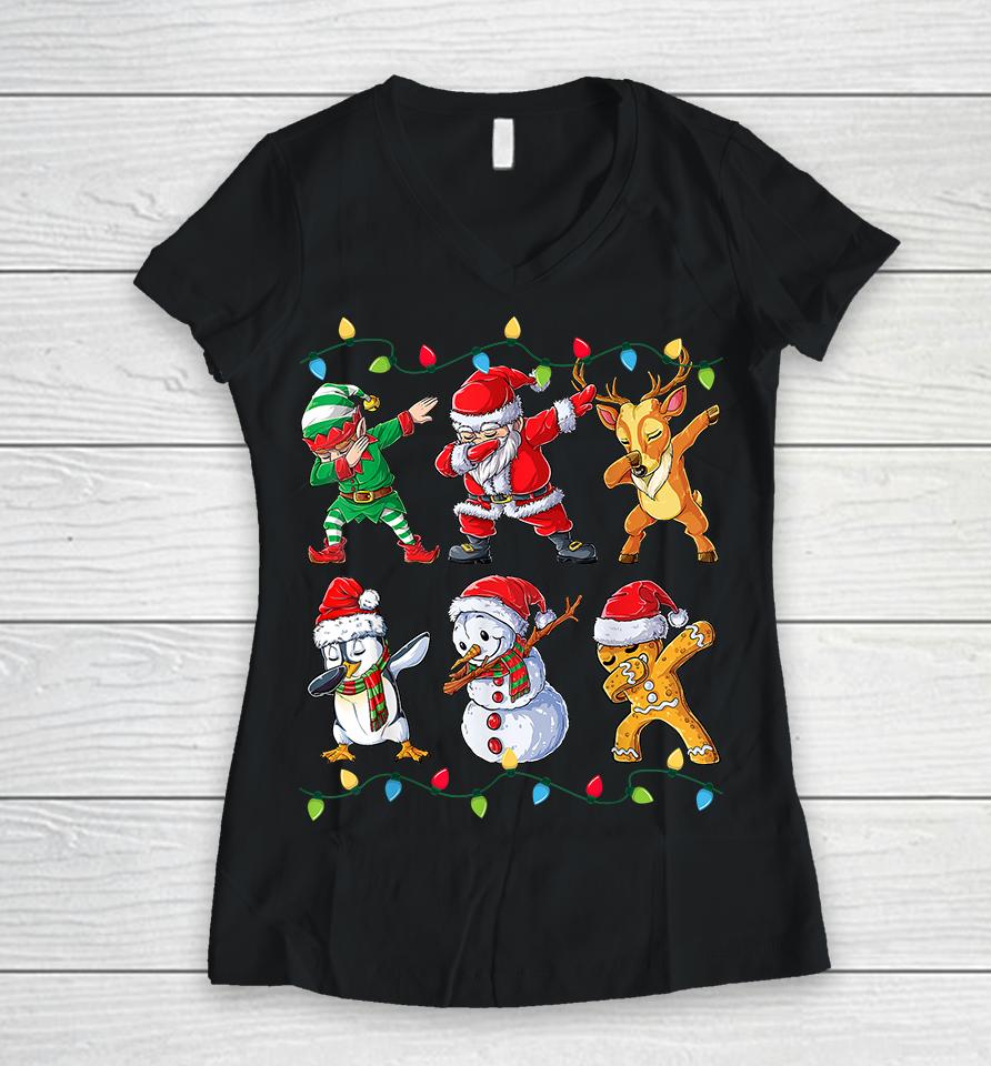 Dabbing Santa Elf Friends Christmas Women V-Neck T-Shirt