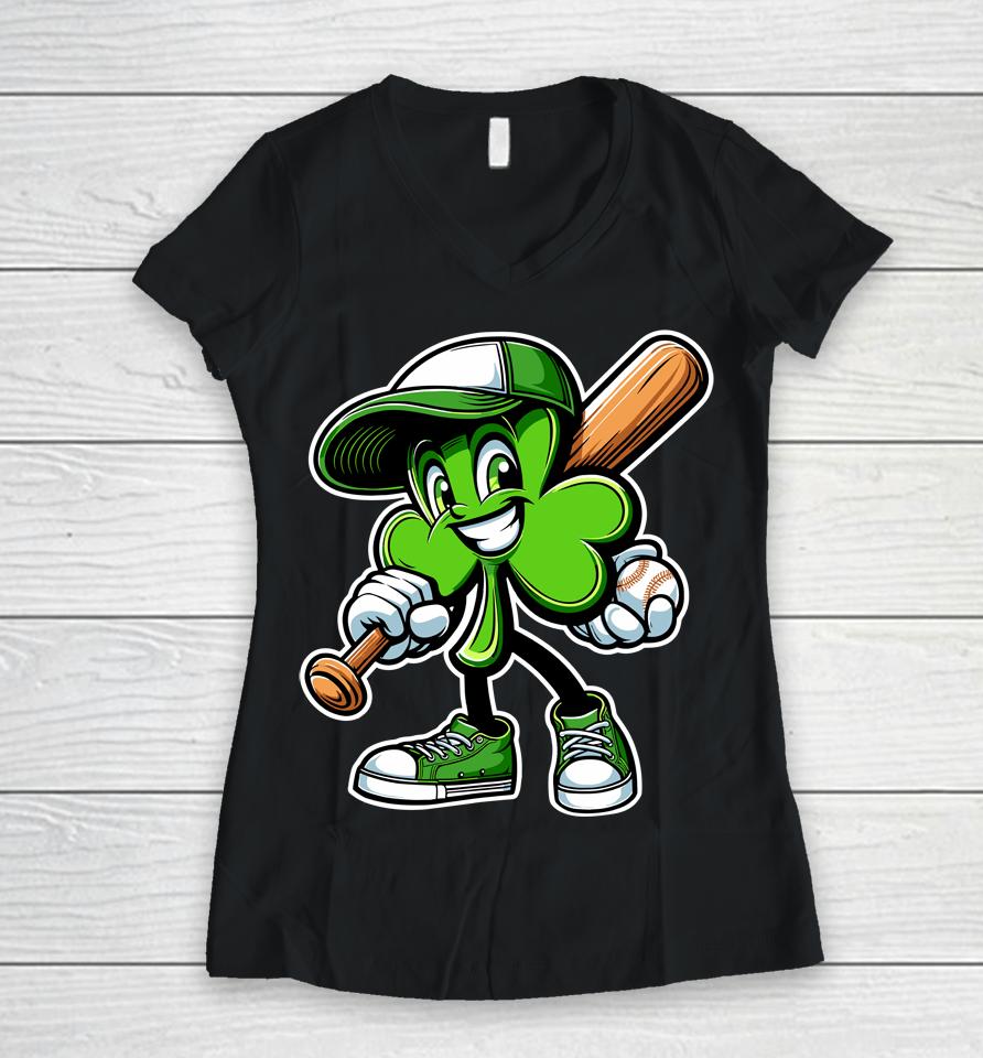 Dabbing Shamrock Baseball Boys Girls St Patricks Day Women V-Neck T-Shirt