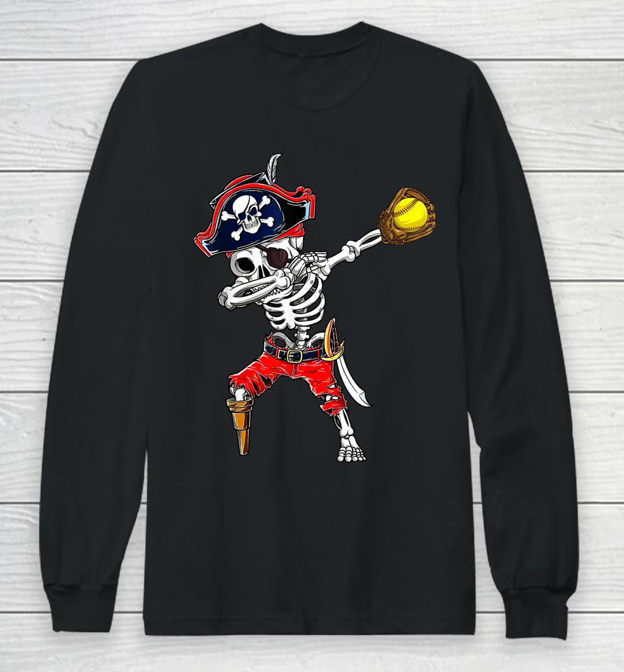 Dabbing Skeleton Pirate &Amp; Softball Ball Halloween Costume Long Sleeve T-Shirt
