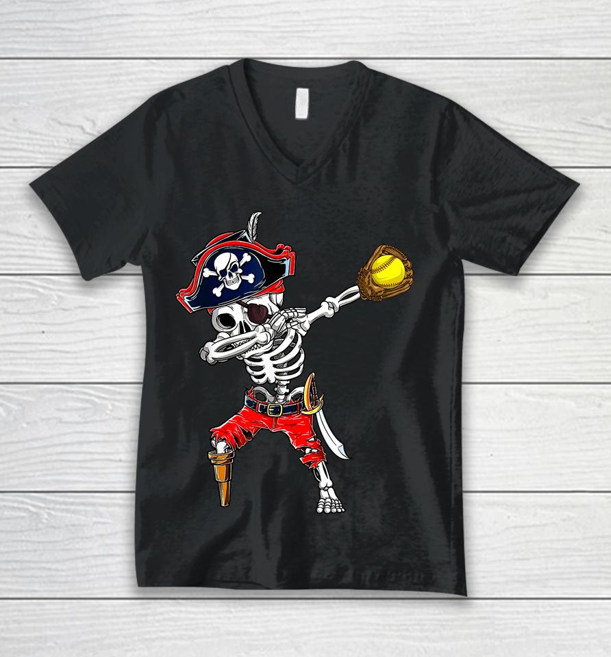 Dabbing Skeleton Pirate &Amp; Softball Ball Halloween Costume Unisex V-Neck T-Shirt
