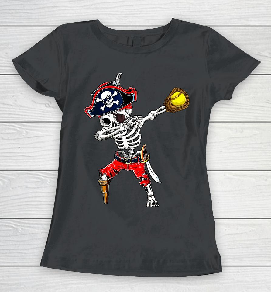 Dabbing Skeleton Pirate &Amp; Softball Ball Halloween Costume Women T-Shirt