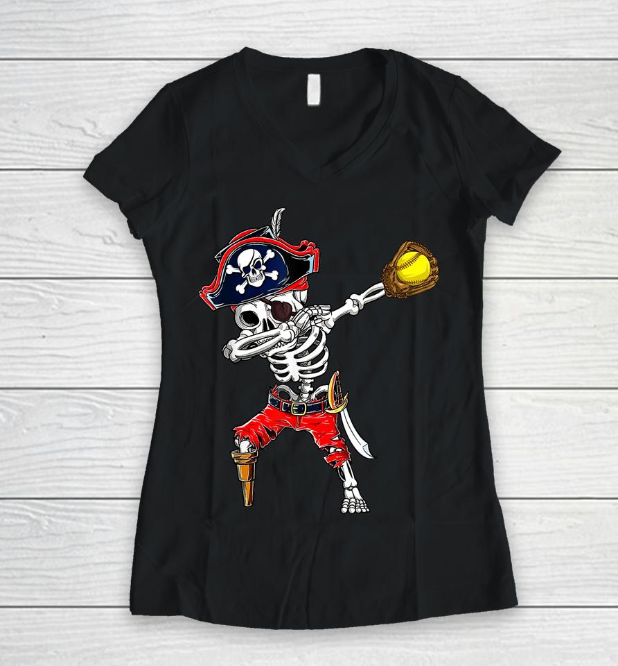 Dabbing Skeleton Pirate &Amp; Softball Ball Halloween Costume Women V-Neck T-Shirt