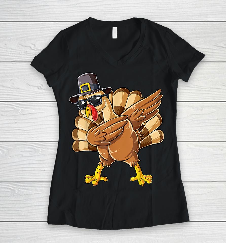 Dabbing Turkey Thanksgiving Day Funny Women V-Neck T-Shirt