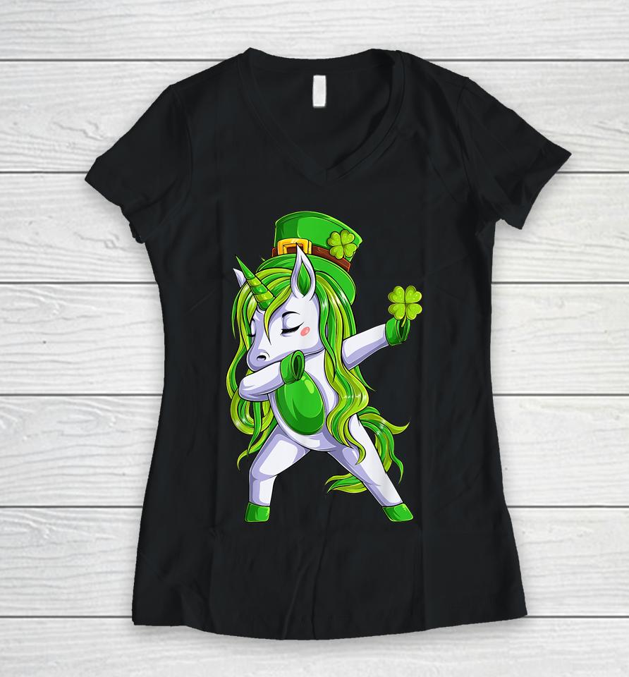 Dabbing Unicorn Leprechaun Women Girls St Patrick's Day Women V-Neck T-Shirt