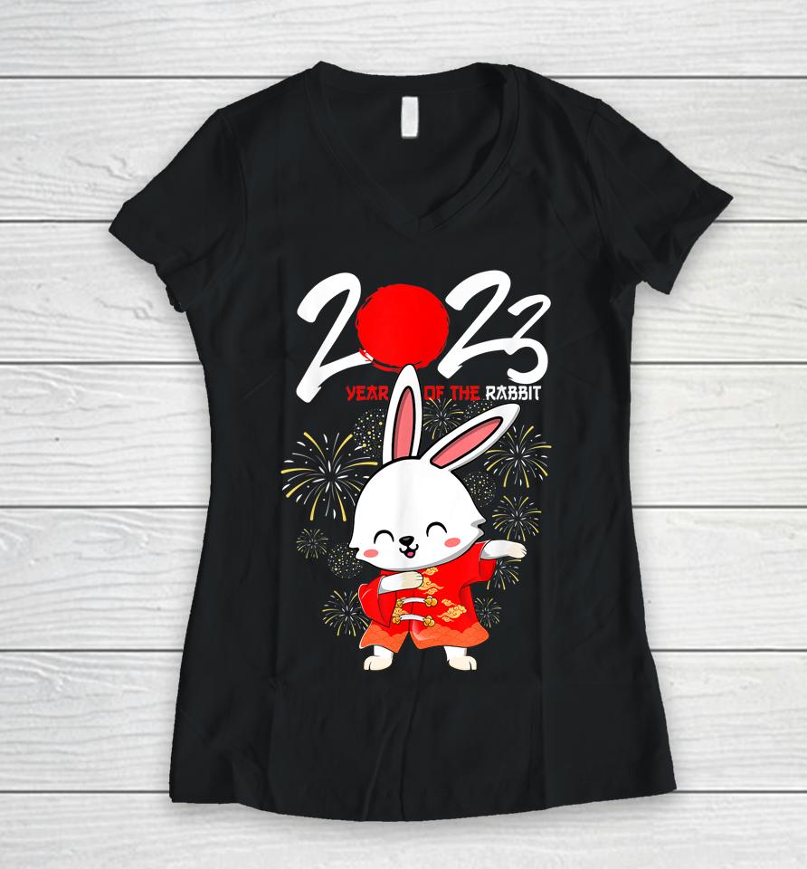 Dabbing Year Of The Rabbit Happy Chinese New Year 2023 Women V-Neck T-Shirt