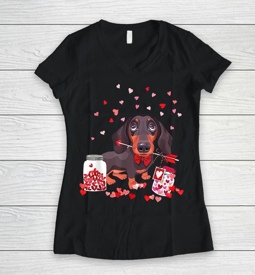 Dachshund Dog Valentine's Day Women V-Neck T-Shirt