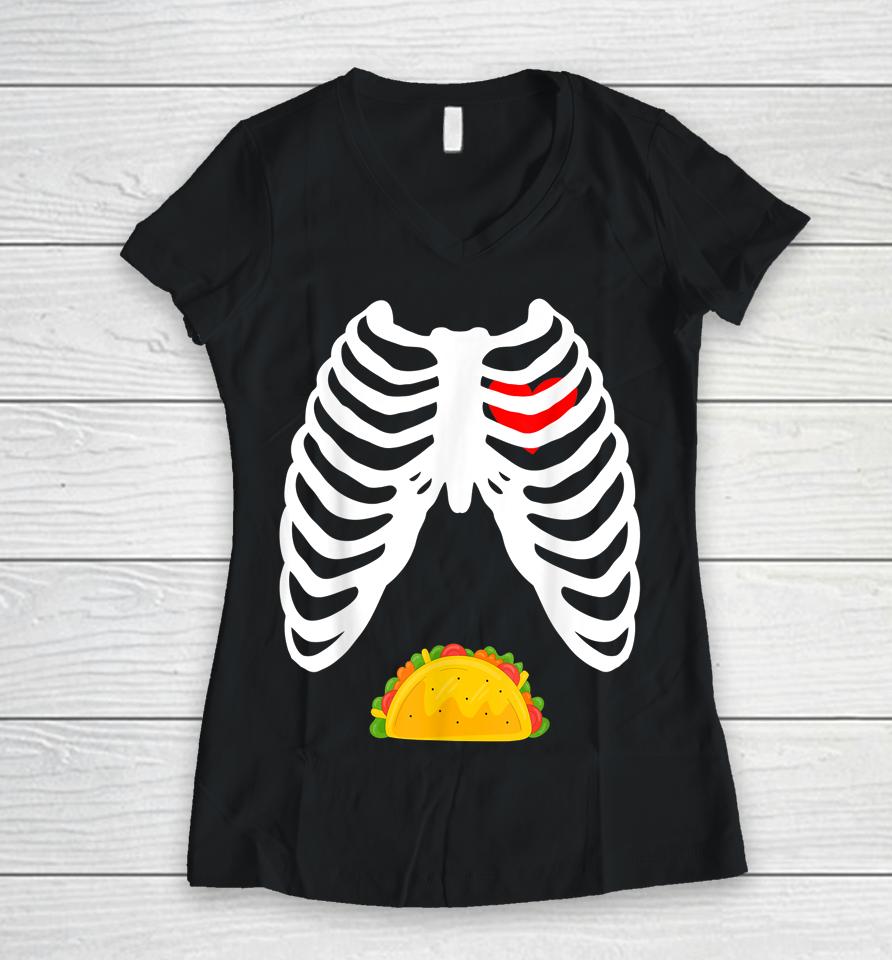 Dad Skeleton Halloween Taco Pregnancy Women V-Neck T-Shirt