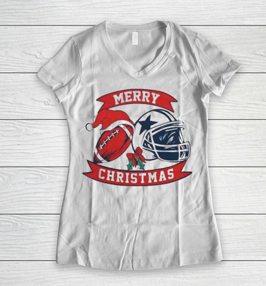 Dallas Cowboy Football Santa Hat Merry Christmas 2023 Women V-Neck T-Shirt