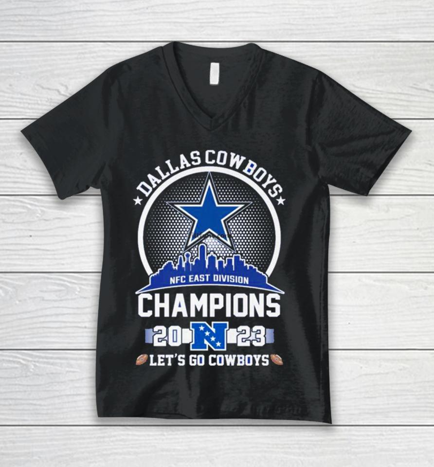 Dallas Cowboys 2023 Nfc East Champions Let’s Go Cowboys Skyline Unisex V-Neck T-Shirt