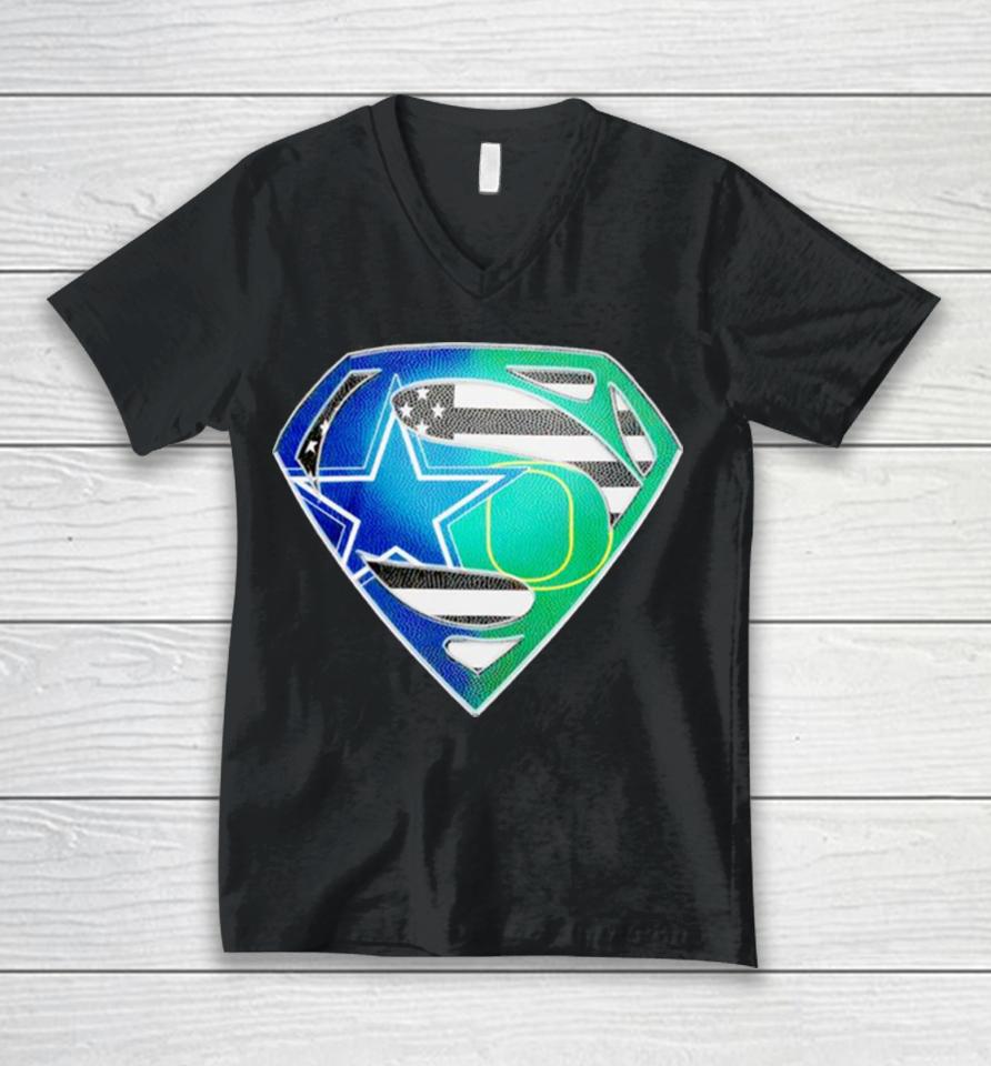 Dallas Cowboys And Oregon Ducks Superman Sports Logo Unisex V-Neck T-Shirt