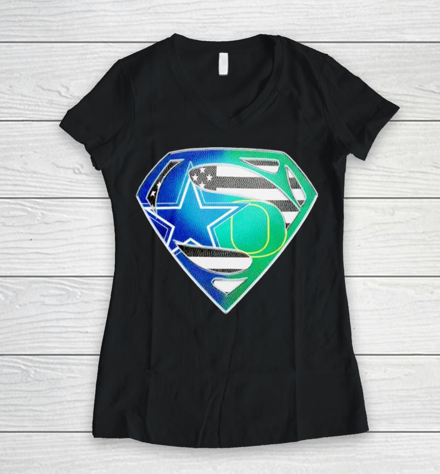 Dallas Cowboys And Oregon Ducks Superman Sports Logo Women V-Neck T-Shirt
