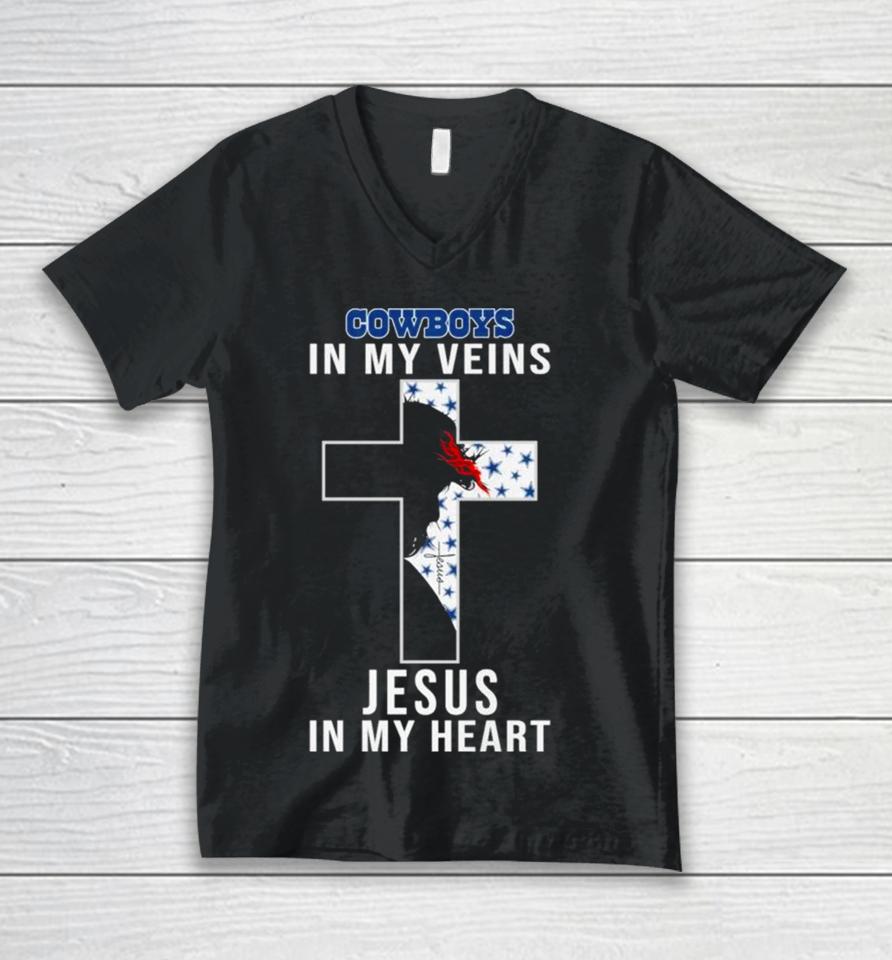 Dallas Cowboys Nfl In My Veins Jesus In My Heart Cross 2024 Unisex V-Neck T-Shirt