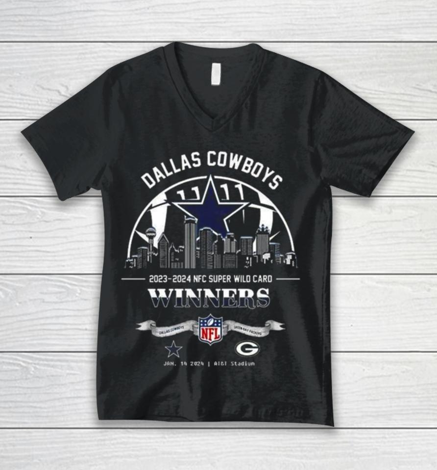 Dallas Cowboys Winners Season 2023 2024 Nfc Super Wild Card Nfl Divisional Skyline January 14 2024 At&Amp;T Stadium Unisex V-Neck T-Shirt