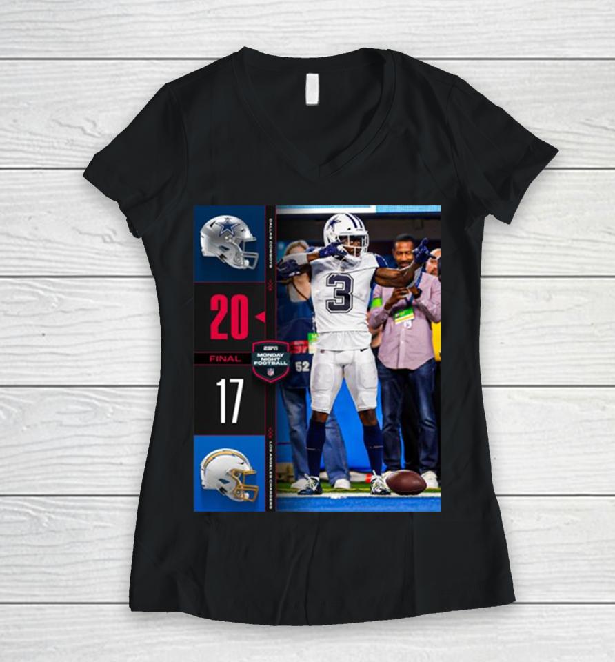Dallas Cowboys Wins 20 – 17 Los Angeles Chargers Nfl 2023 Espn Monday Night Football Final Score Women V-Neck T-Shirt
