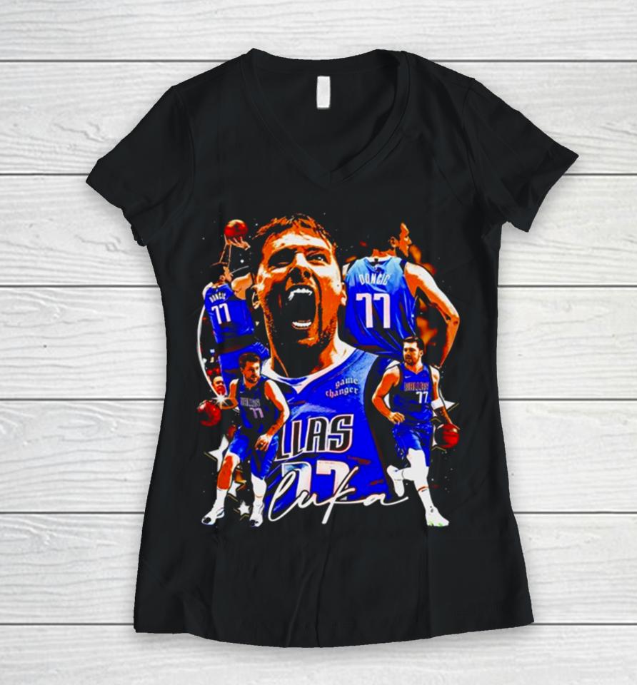 Dallas Mavericks Luka Doncic Graphic Poster Women V-Neck T-Shirt