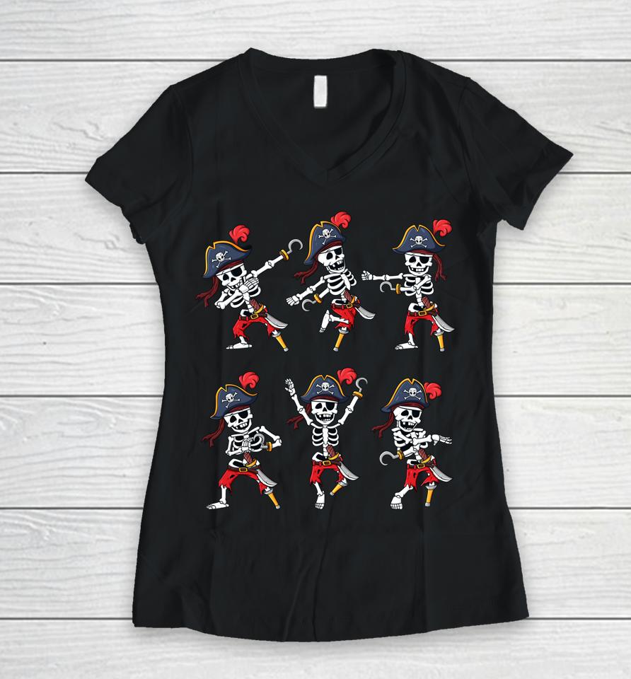 Dancing Pirate Skeletons Dance Challenge Halloween Women V-Neck T-Shirt