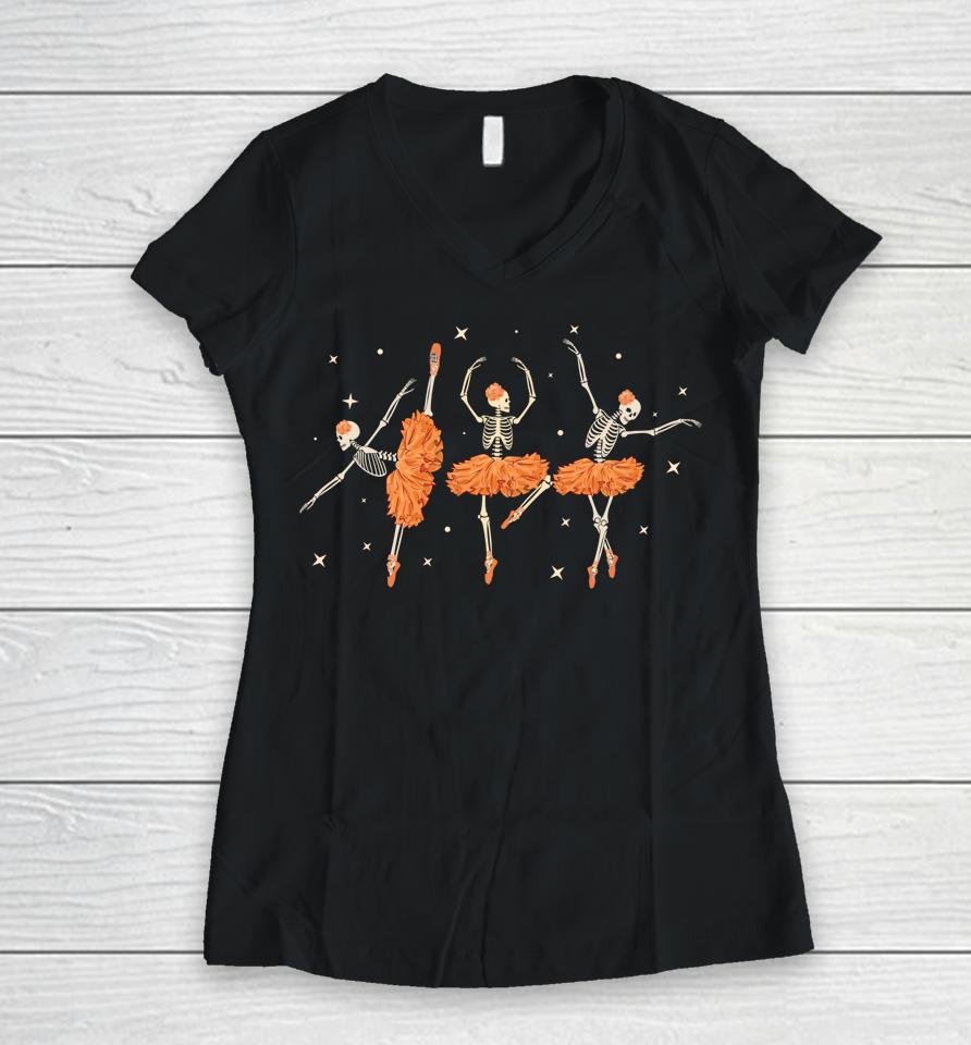 Dancing Skeleton Ballerina Ballet Dance Hallowee Women V-Neck T-Shirt
