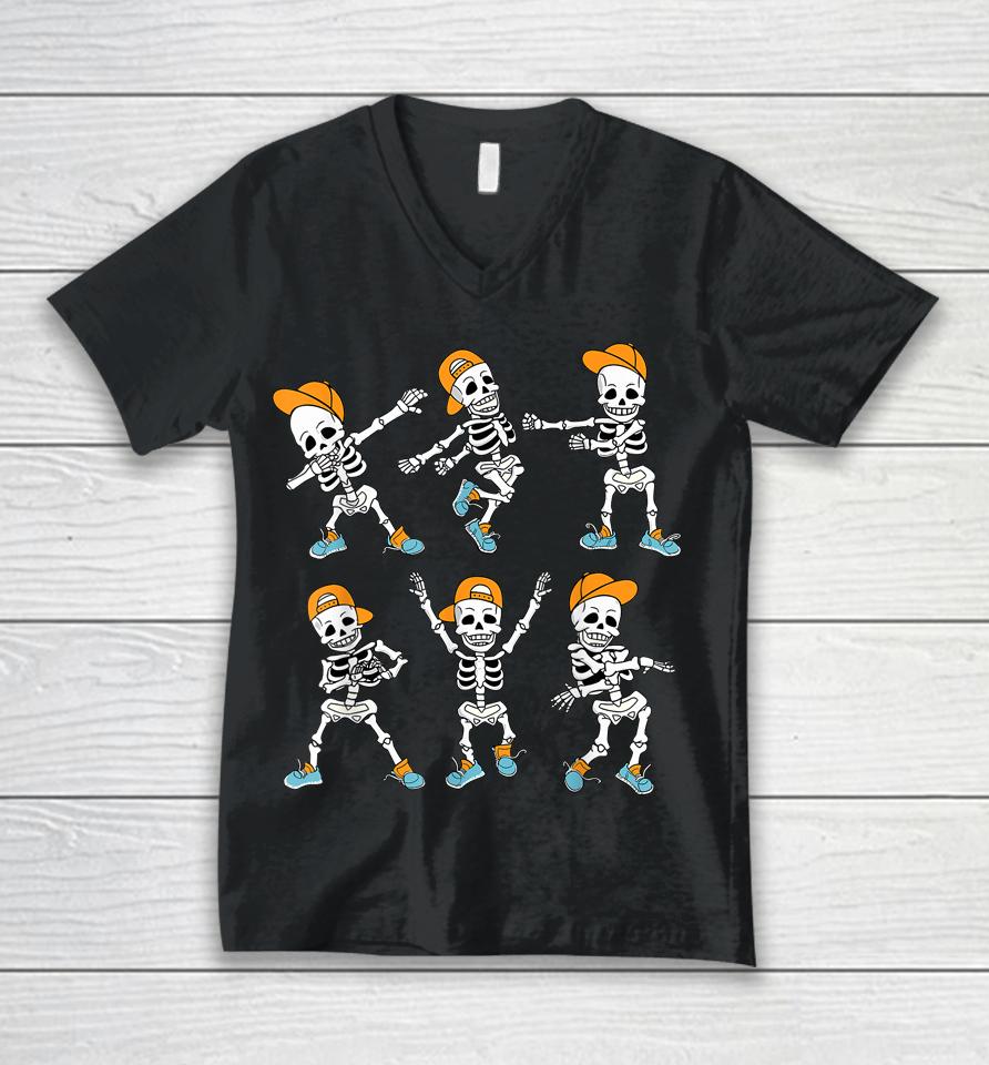 Dancing Skeleton Dabbing Skeletons Dance Unisex V-Neck T-Shirt