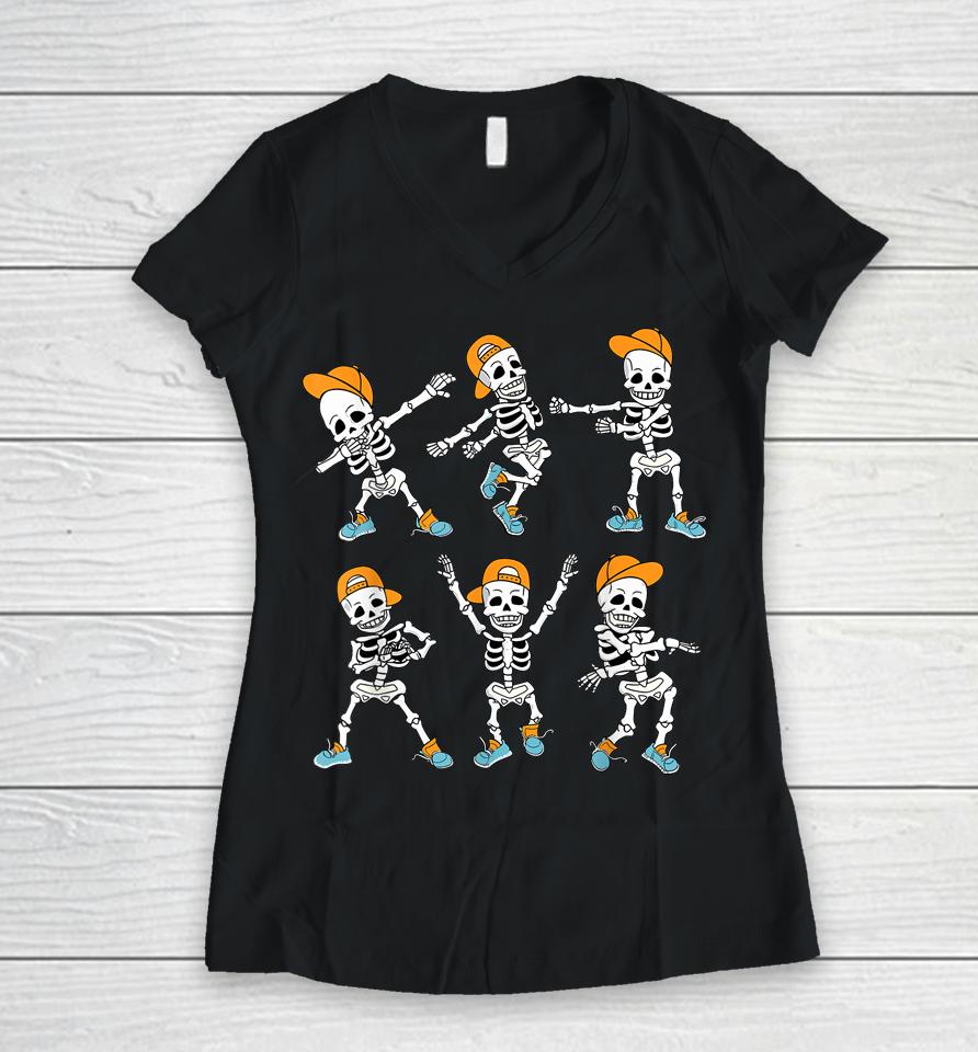 Dancing Skeleton Dabbing Skeletons Dance Women V-Neck T-Shirt