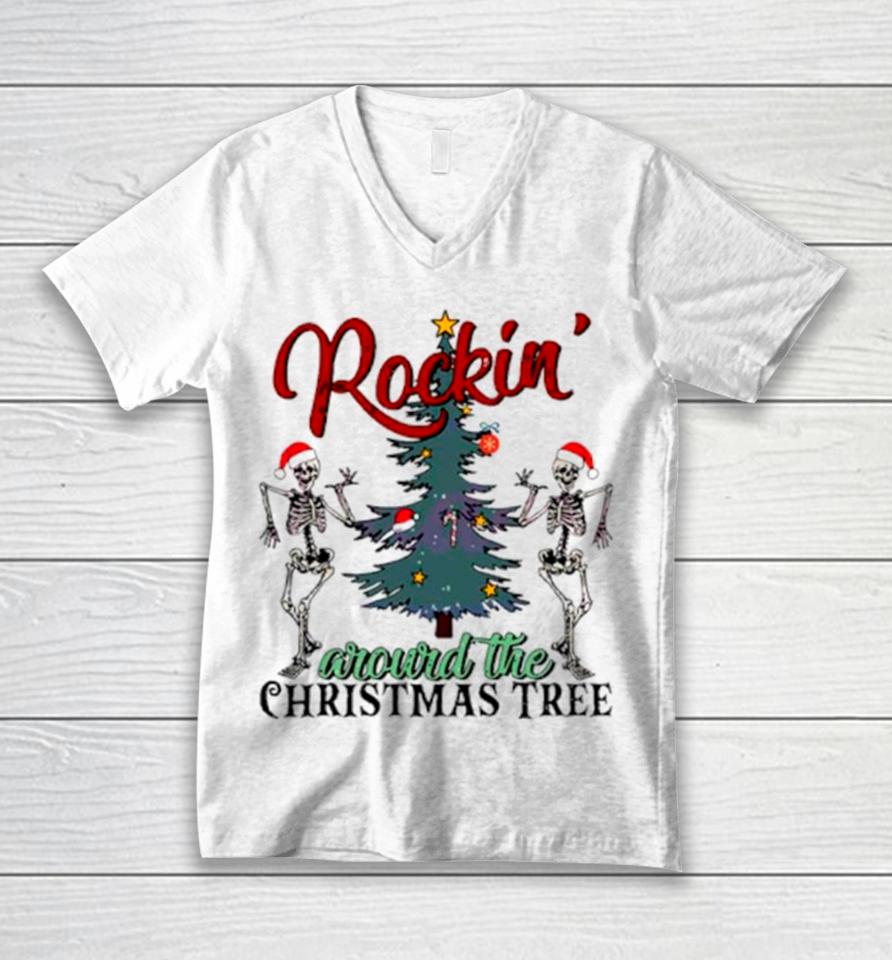 Dancing Skeleton Rockin Around The Christmas Tree Unisex V-Neck T-Shirt