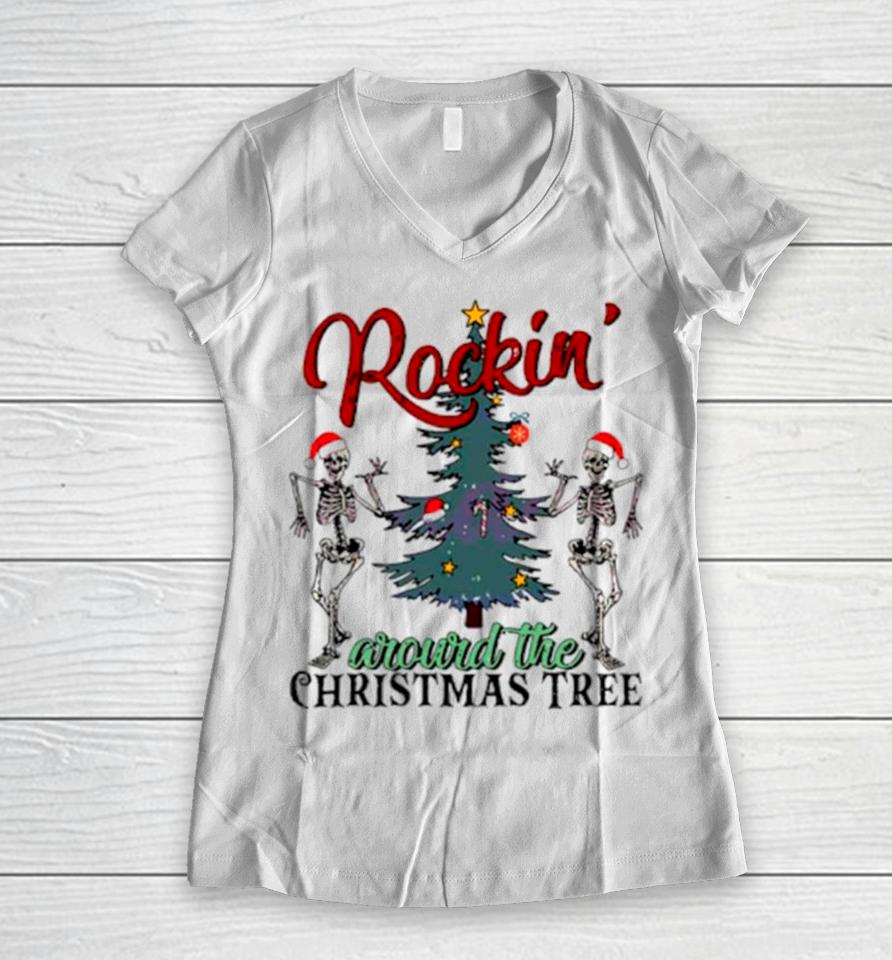 Dancing Skeleton Rockin Around The Christmas Tree Women V-Neck T-Shirt