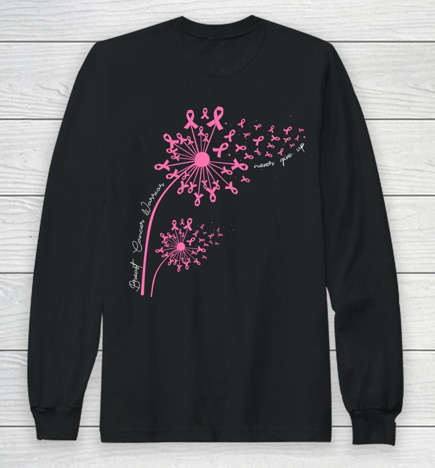 Dandelion Pink Flower Ribbon Breast Cancer Awareness Women's Long Sleeve T-Shirt