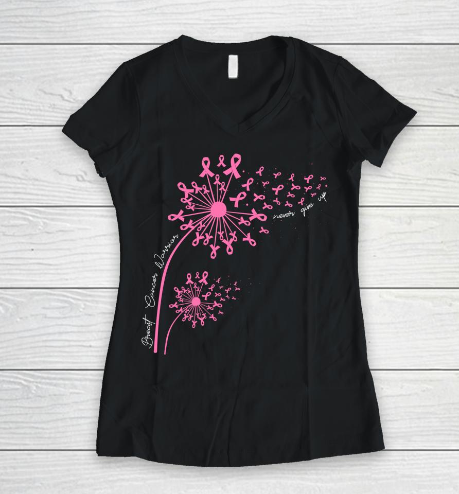 Dandelion Pink Flower Ribbon Breast Cancer Awareness Women's Women V-Neck T-Shirt